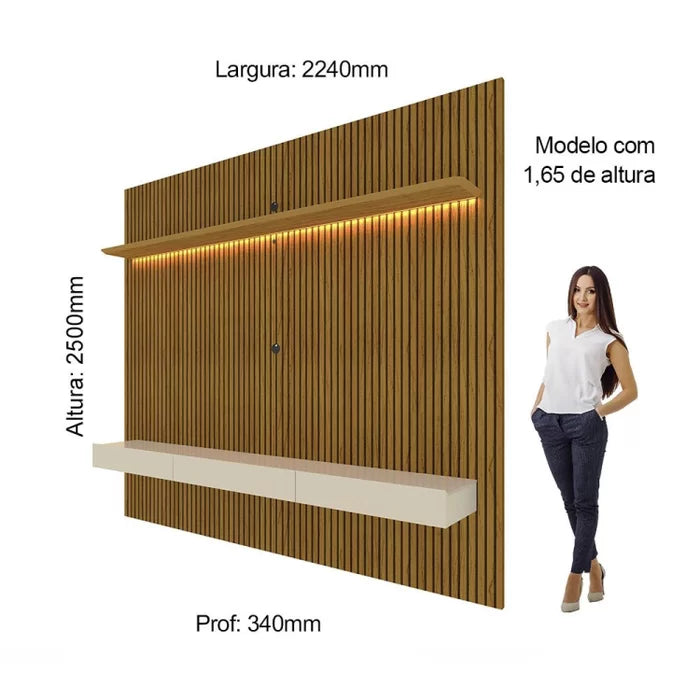 Painel para TV.  Madeira Ripada com LED Requinte 220cm Naturale/Off White