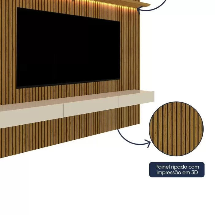 Painel para TV.  Madeira Ripada com LED Requinte 220cm Naturale/Off White